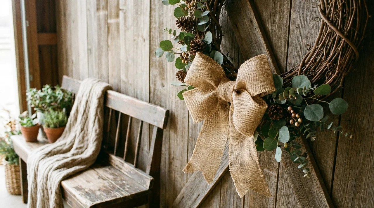 Classic rustic burlap bow attached to a farmhouse wreath with greenery and natural décor accents.