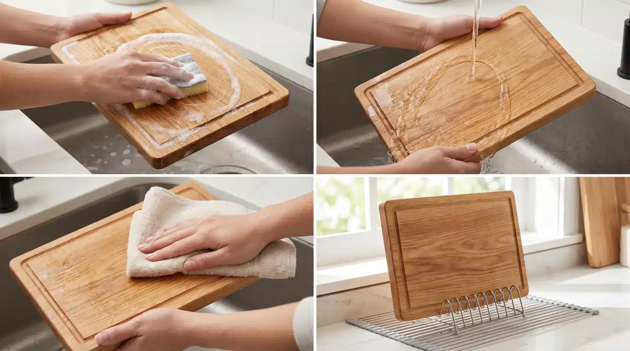 Cleaned wooden cutting board placed on a countertop to air dry completely.