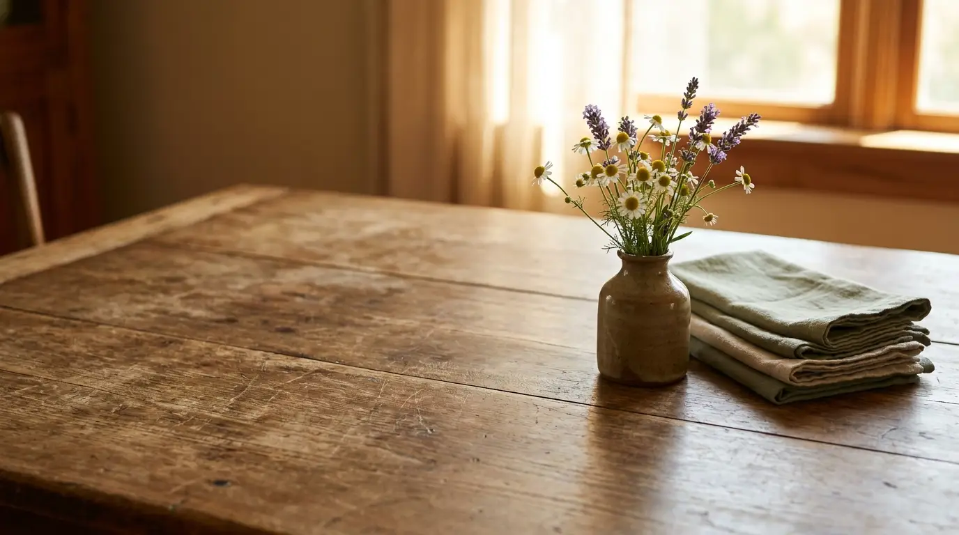 Rustic wooden table with small vase of wildflowers and stacked linen napkins in soft daylight