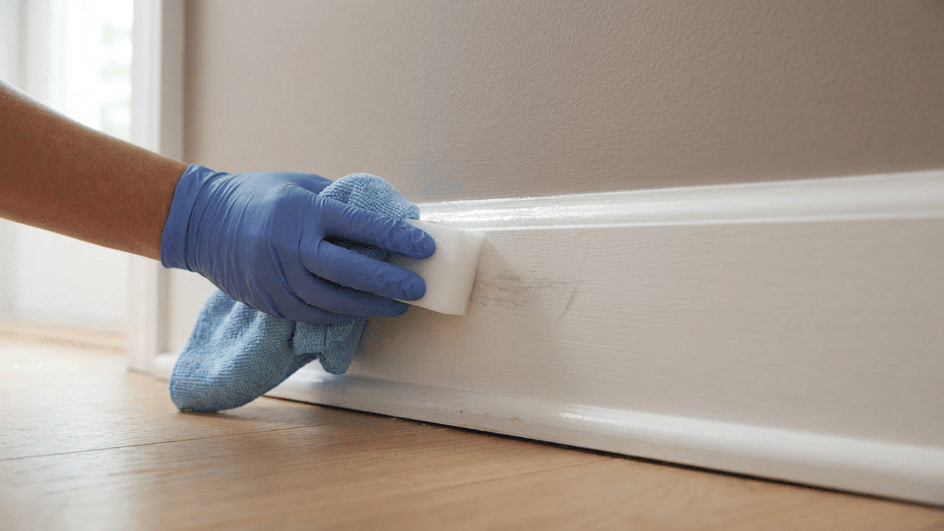 Microfiber cloth wiping painted baseboard and eraser removing small scuff mark