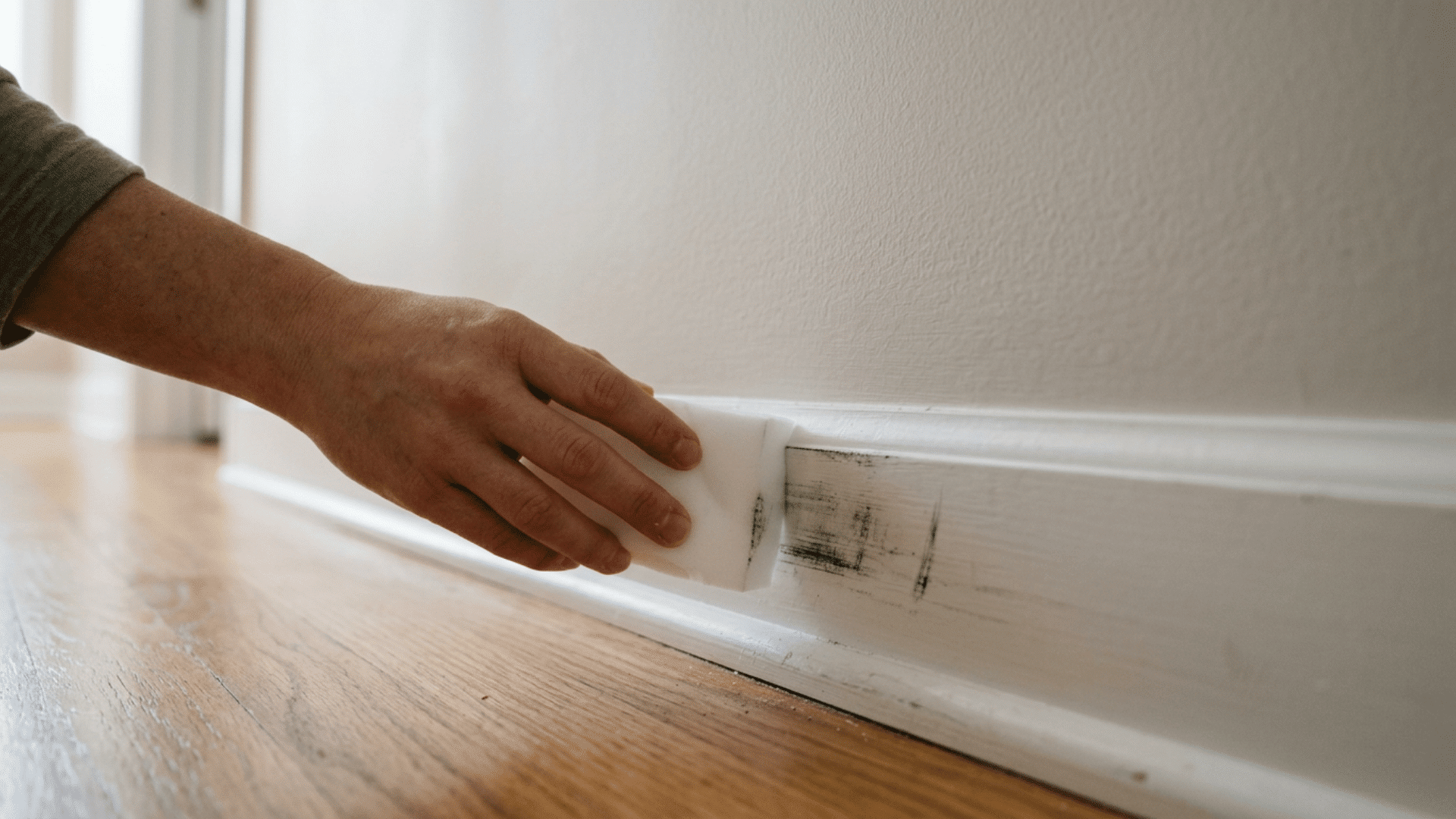 Melamine sponge gently wiping scuff marks on white baseboard