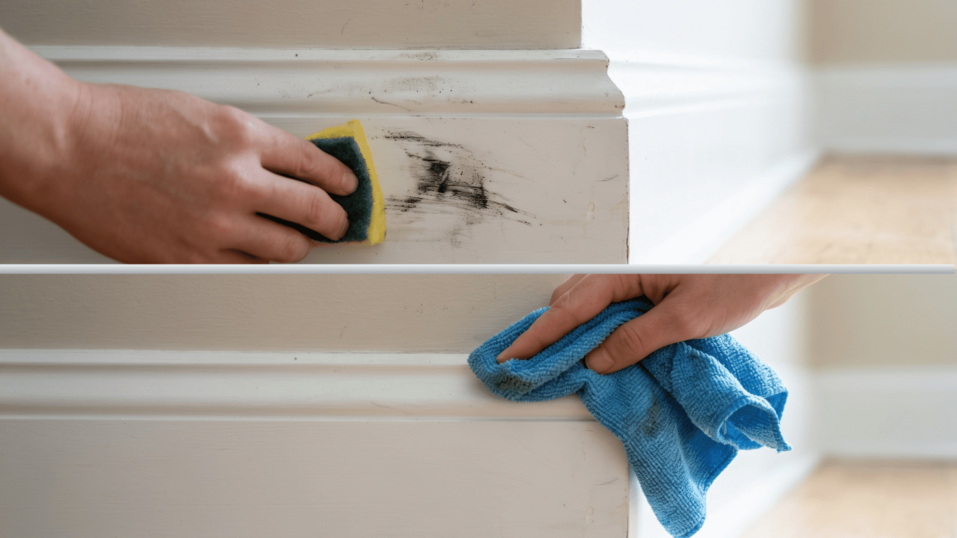 Microfiber cloth wiping white baseboard with sponge removing dark scuff mark