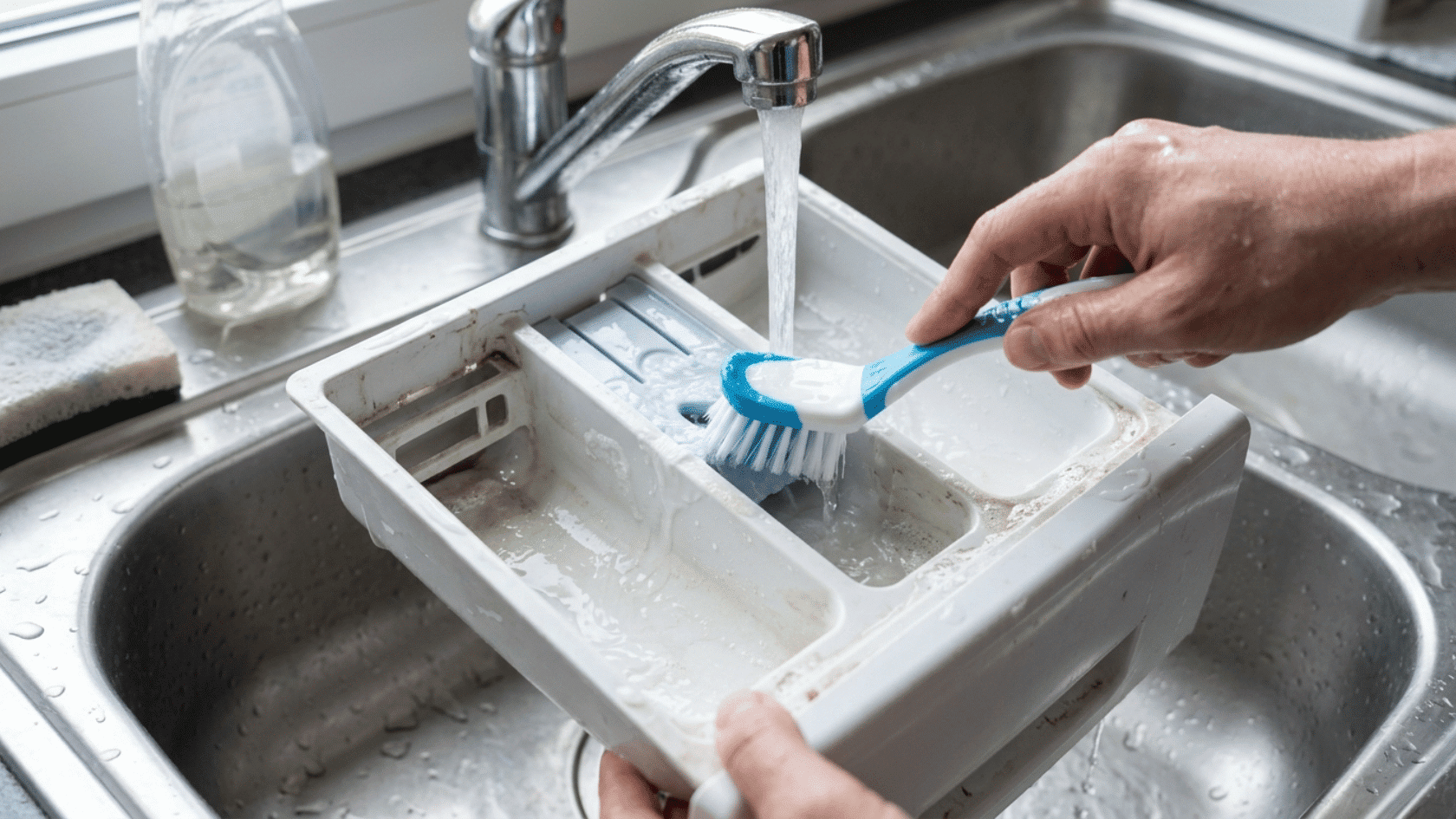 Detergent drawer removed from washing machine and cleaned under running water in a sink