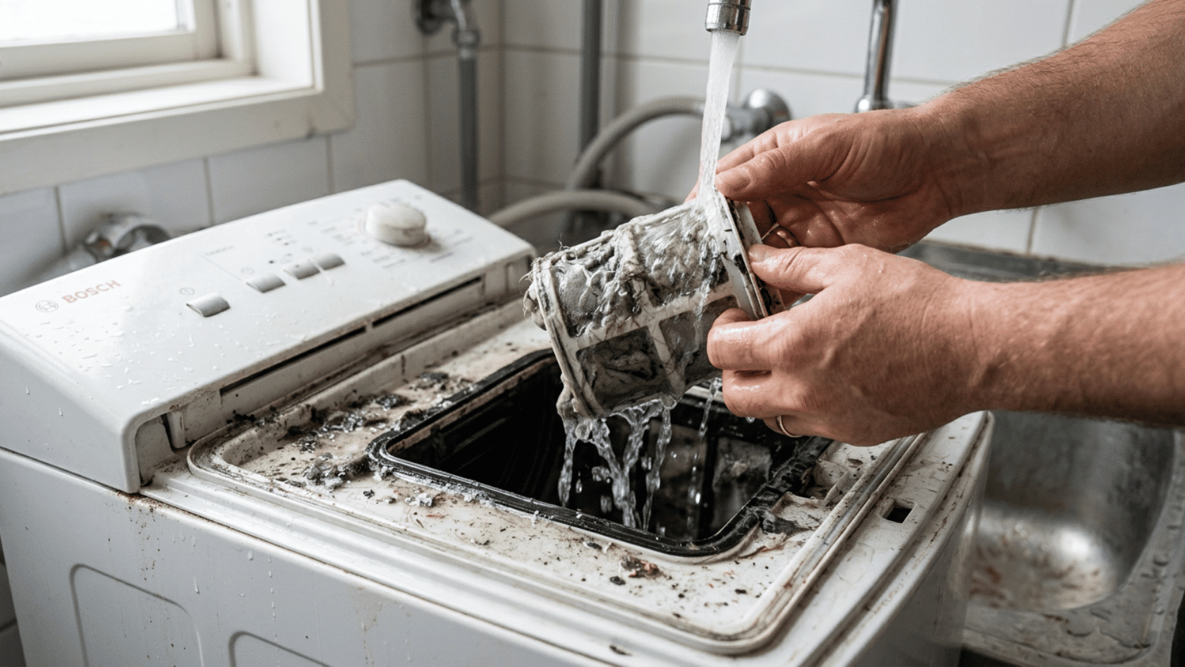 Drain filter removed from front load washing machine and rinsed under running water