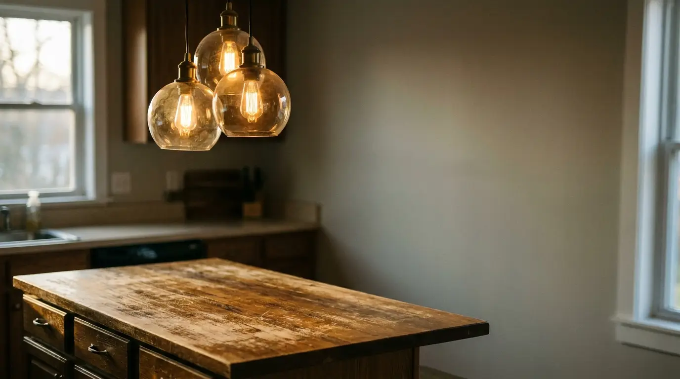 Rustic wooden kitchen island under warm pendant lights in cozy interior setting