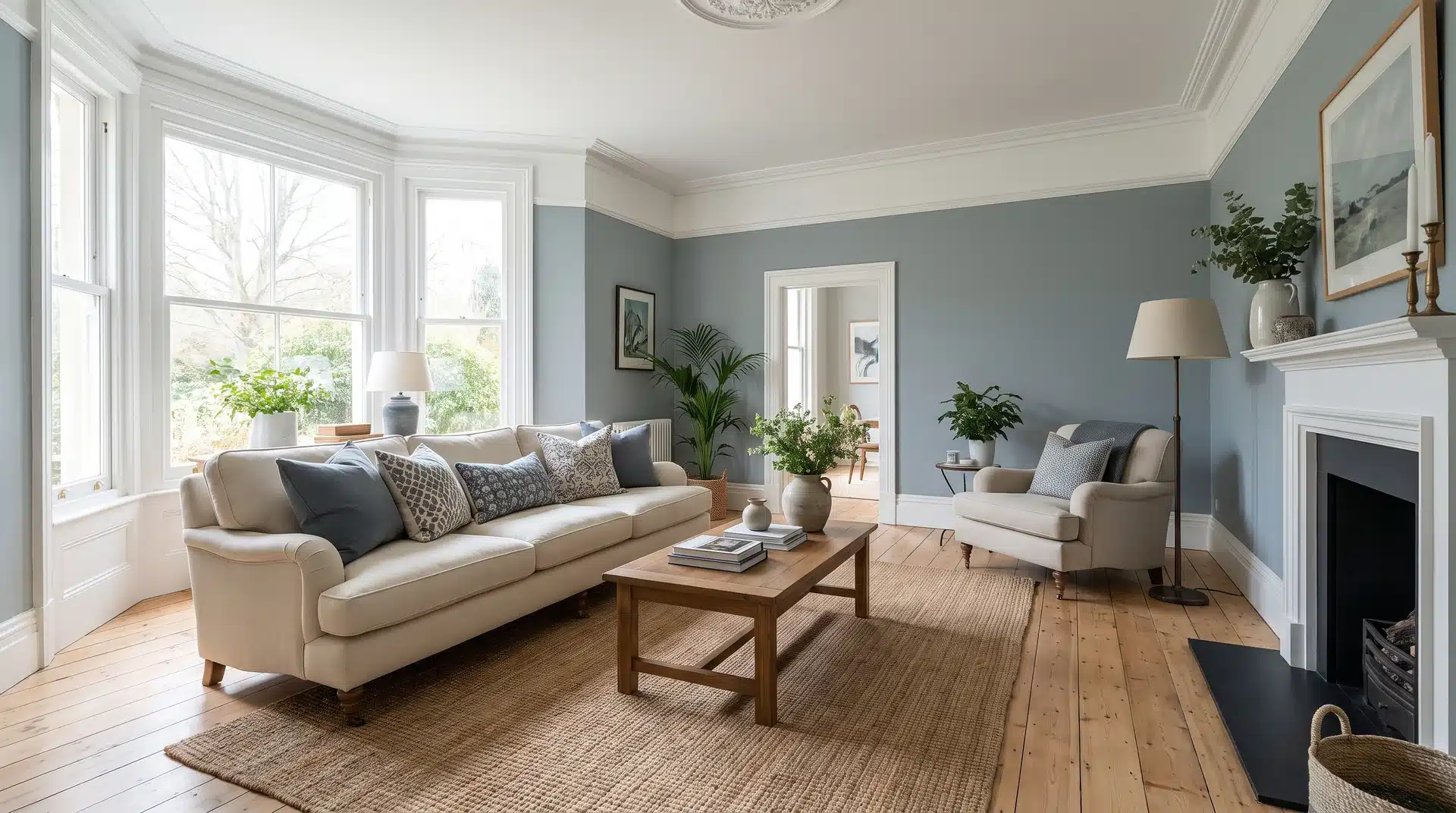 Full living room with Sherwin-Williams Tradewind blue-gray walls cream sofa and white trim.