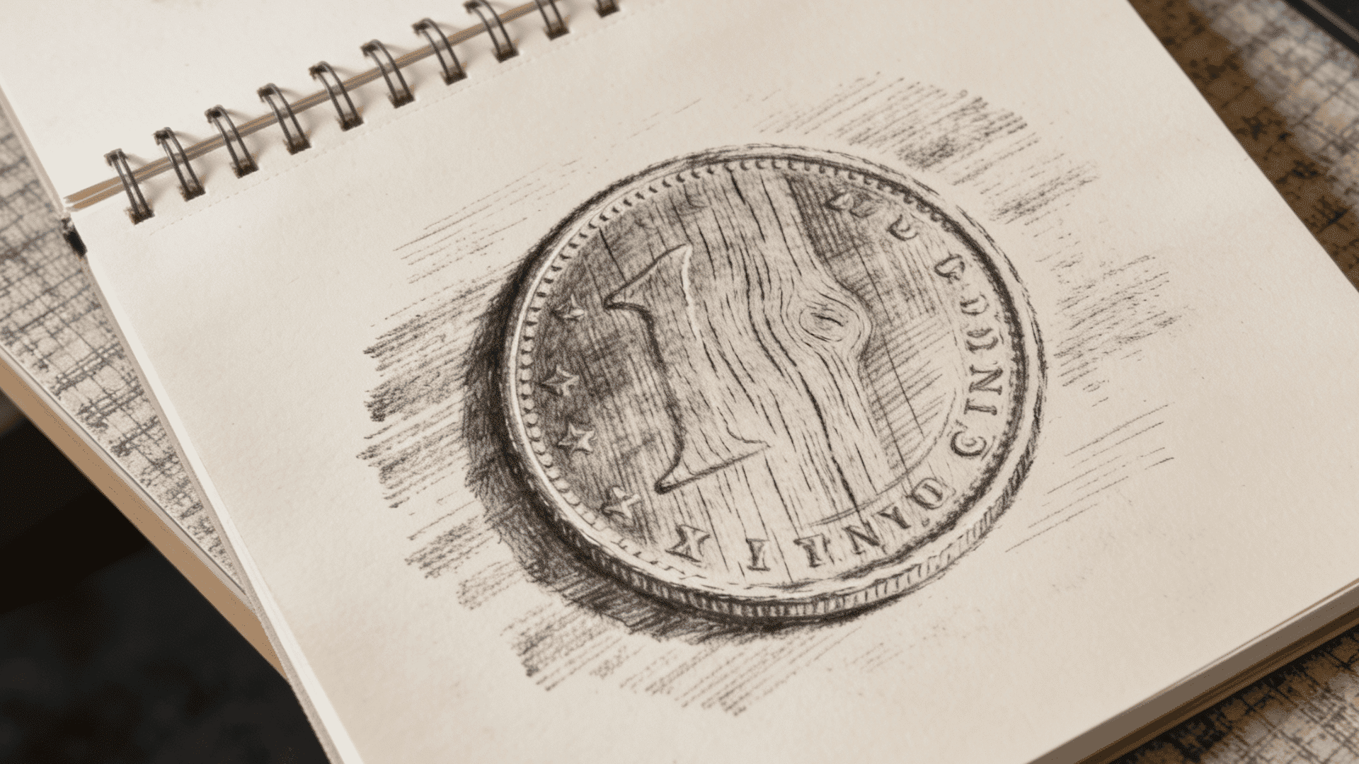 Texture rubbing drawing of coin on a sketchbook