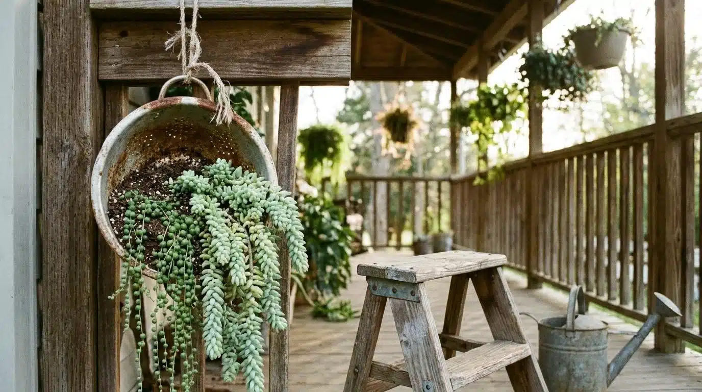 Metal colander hanging with trailing succulents