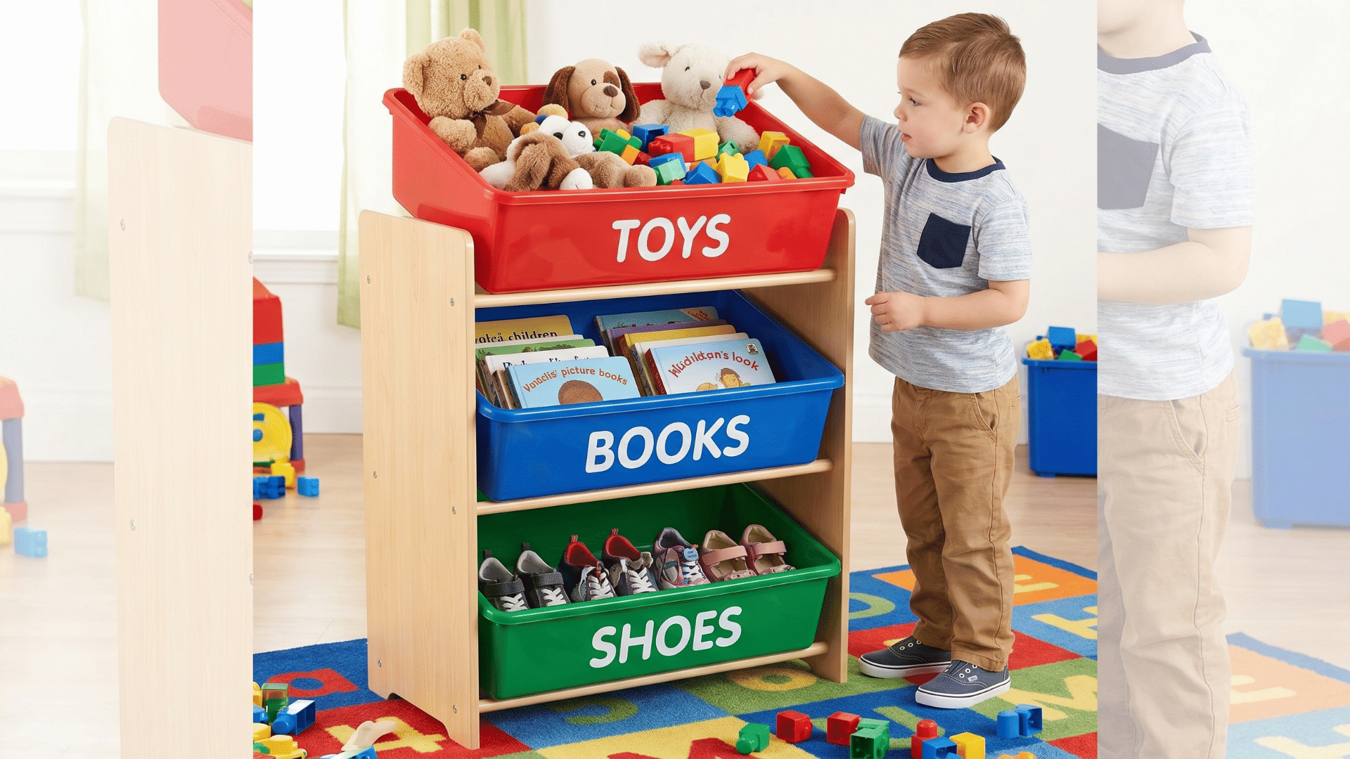 Color-coded bins in a kids’ closet holding toys, books, and shoes, helping children identify and organize items easily.
