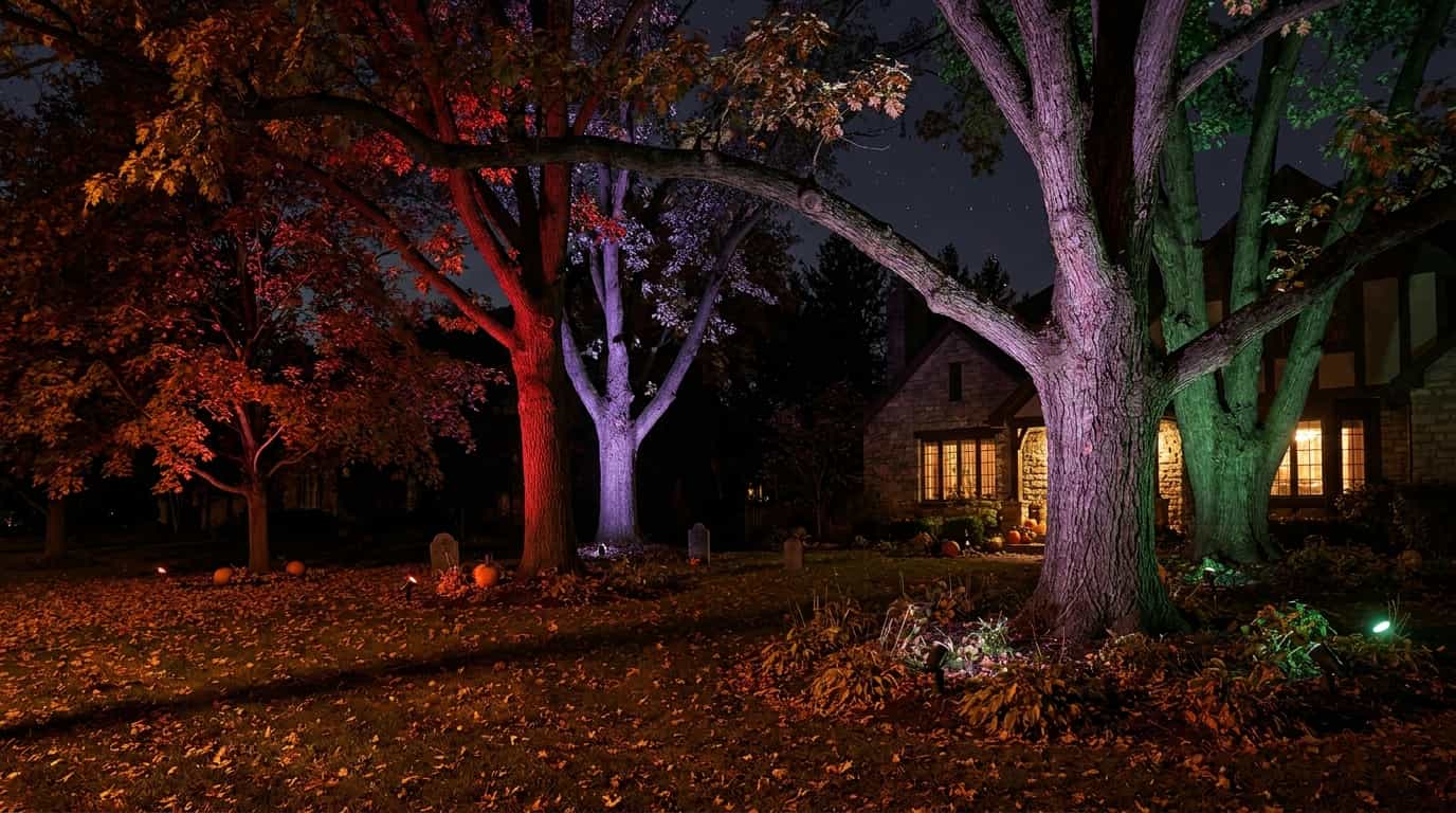 Trees illuminated with colorful Halloween spotlights in a decorated yard