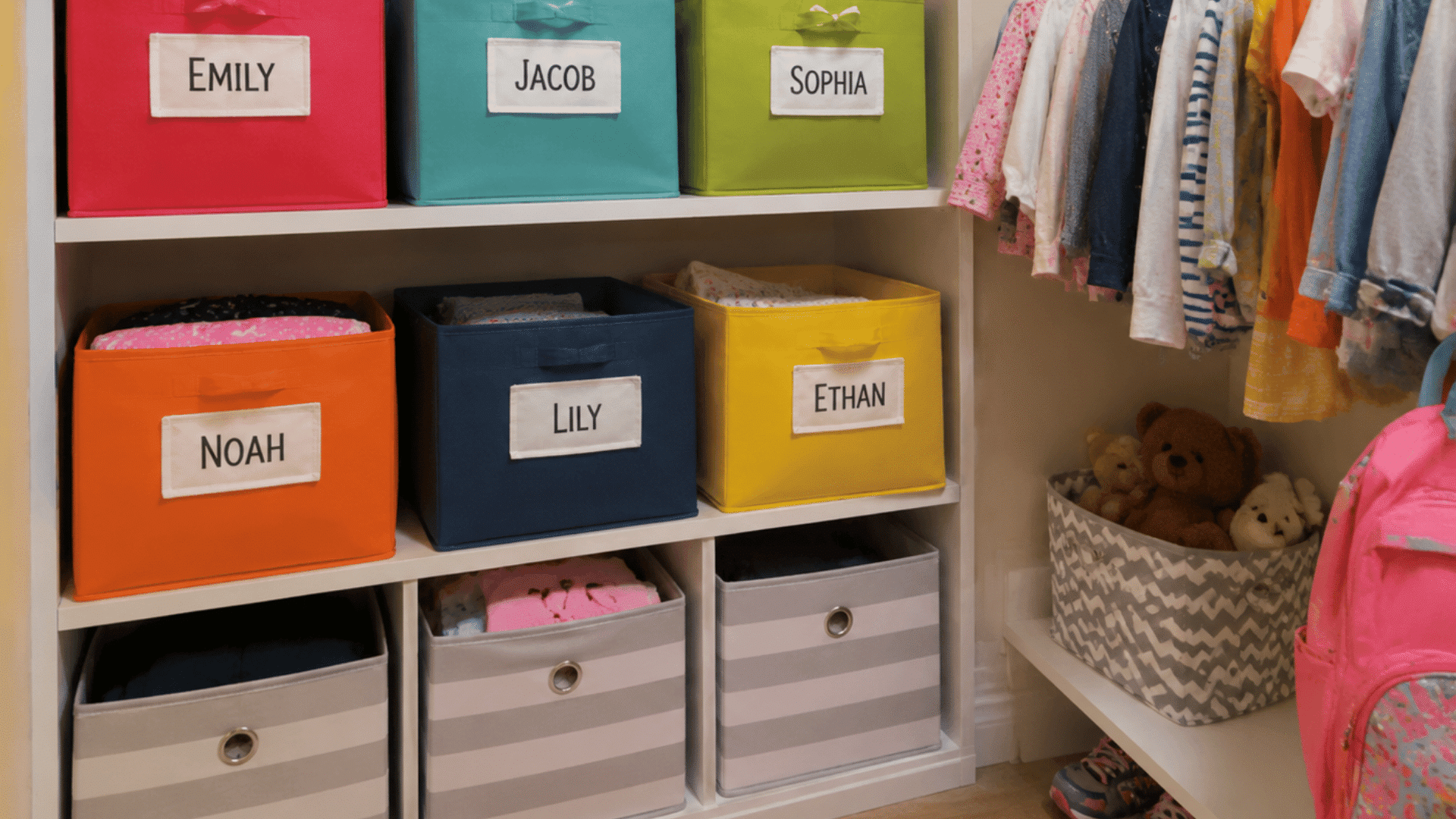 Colorful labeled bins in a tidy kids’ closet for personalized storage