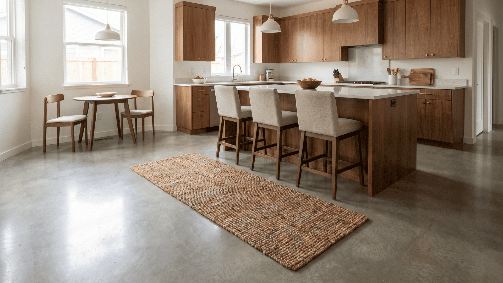 Modern kitchen with rug, bar stools, and round table creating a comfortable and space-efficient seating area.