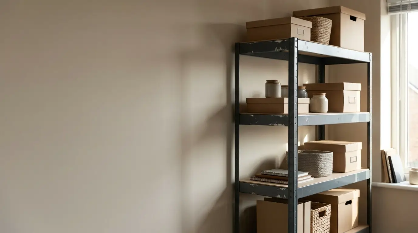 Metal shelving unit with labeled cardboard boxes and baskets near sunlit window in minimalist room