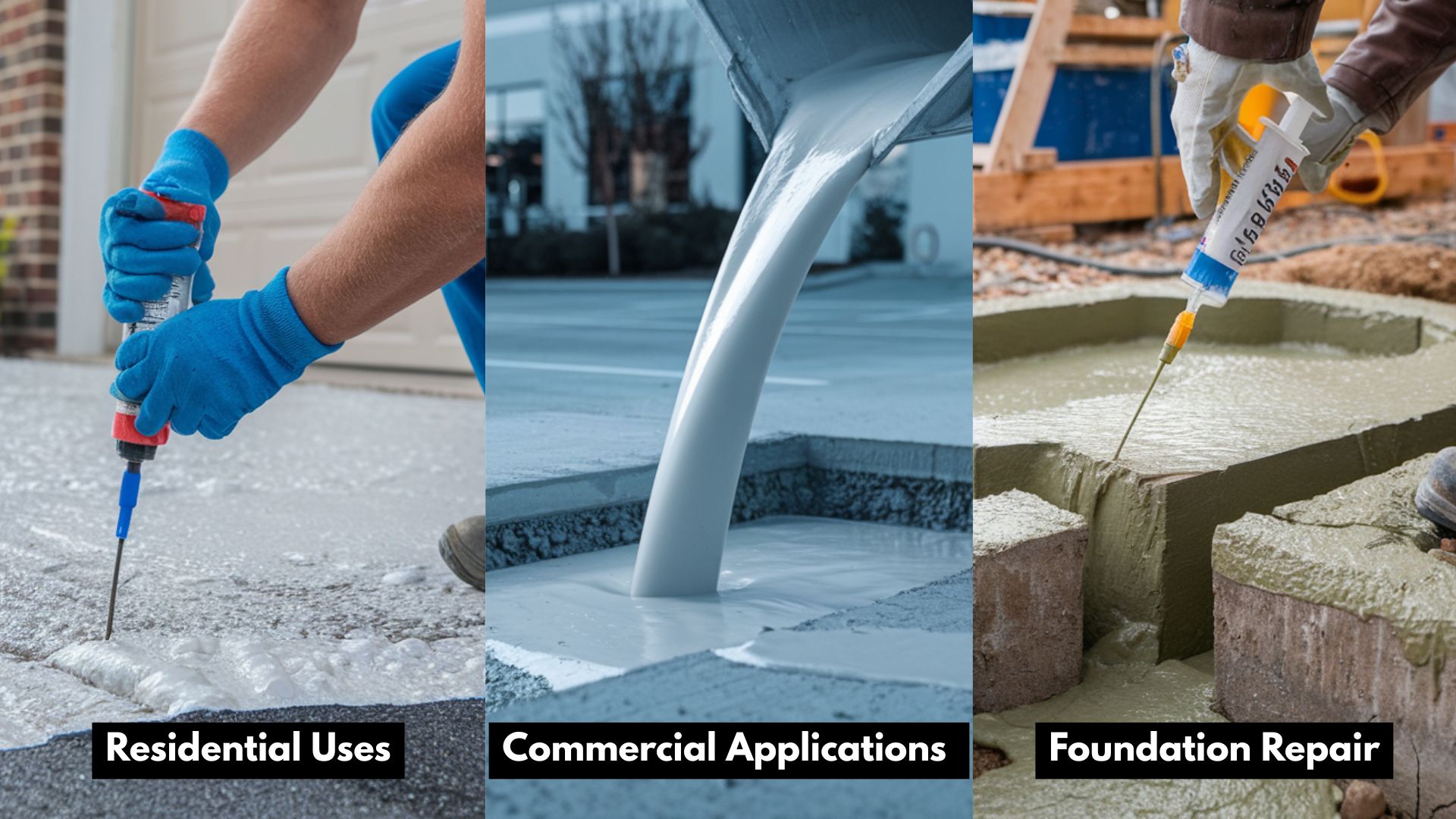 A three-panel collage showcasing polyjacking uses: residential concrete repair, commercial pouring, and foundation joint sealing.