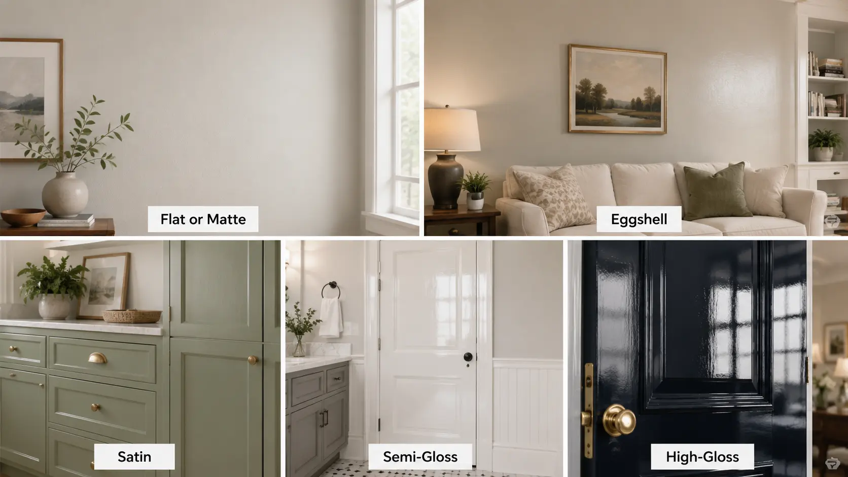 Comparison of flat, eggshell, satin, semi-gloss, and high-gloss paint finishes used across home interiors.