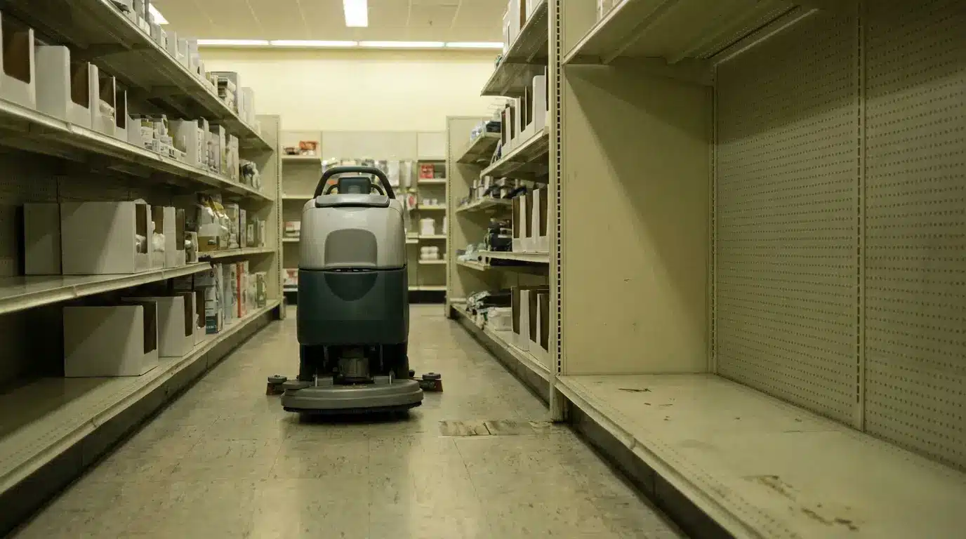 Floor cleaning machine in dimly lit, empty grocery aisle with stocked shelves on both sides
