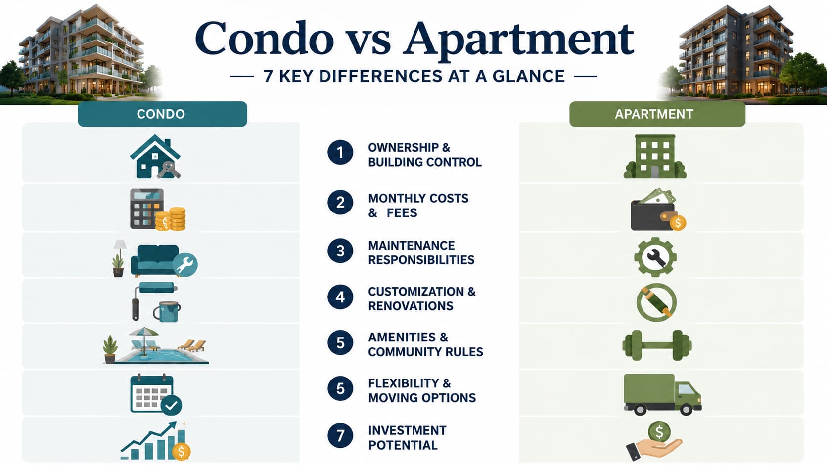 Condo vs apartment comparison infographic showing 7 key differences in ownership, costs, maintenance, amenities, and investment potential.