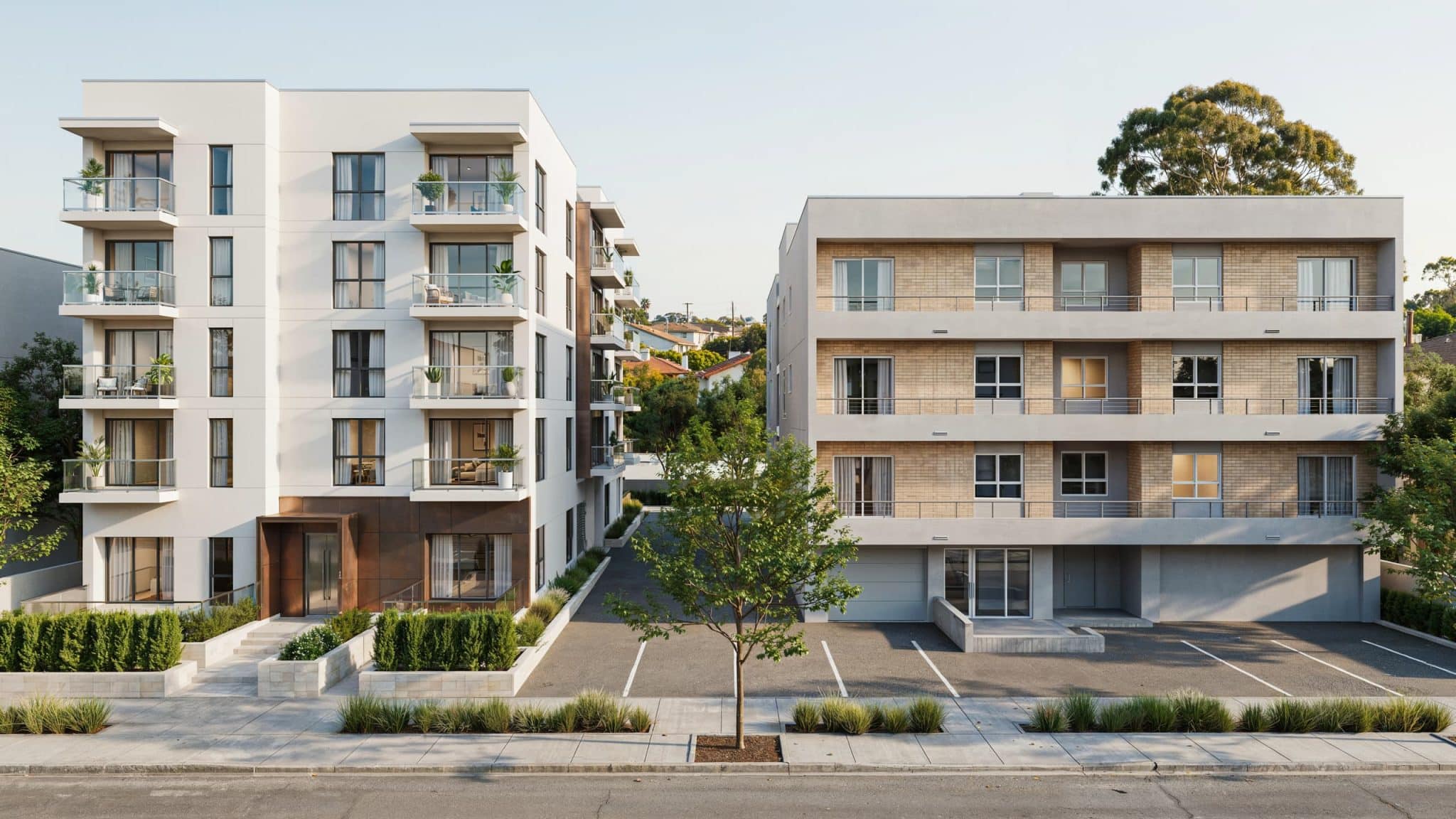 Modern condo and apartment buildings side by side showing different residential living options.
