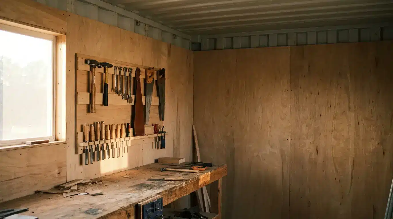 Workbench with hanging tools against wooden wall in a small workspace with natural light