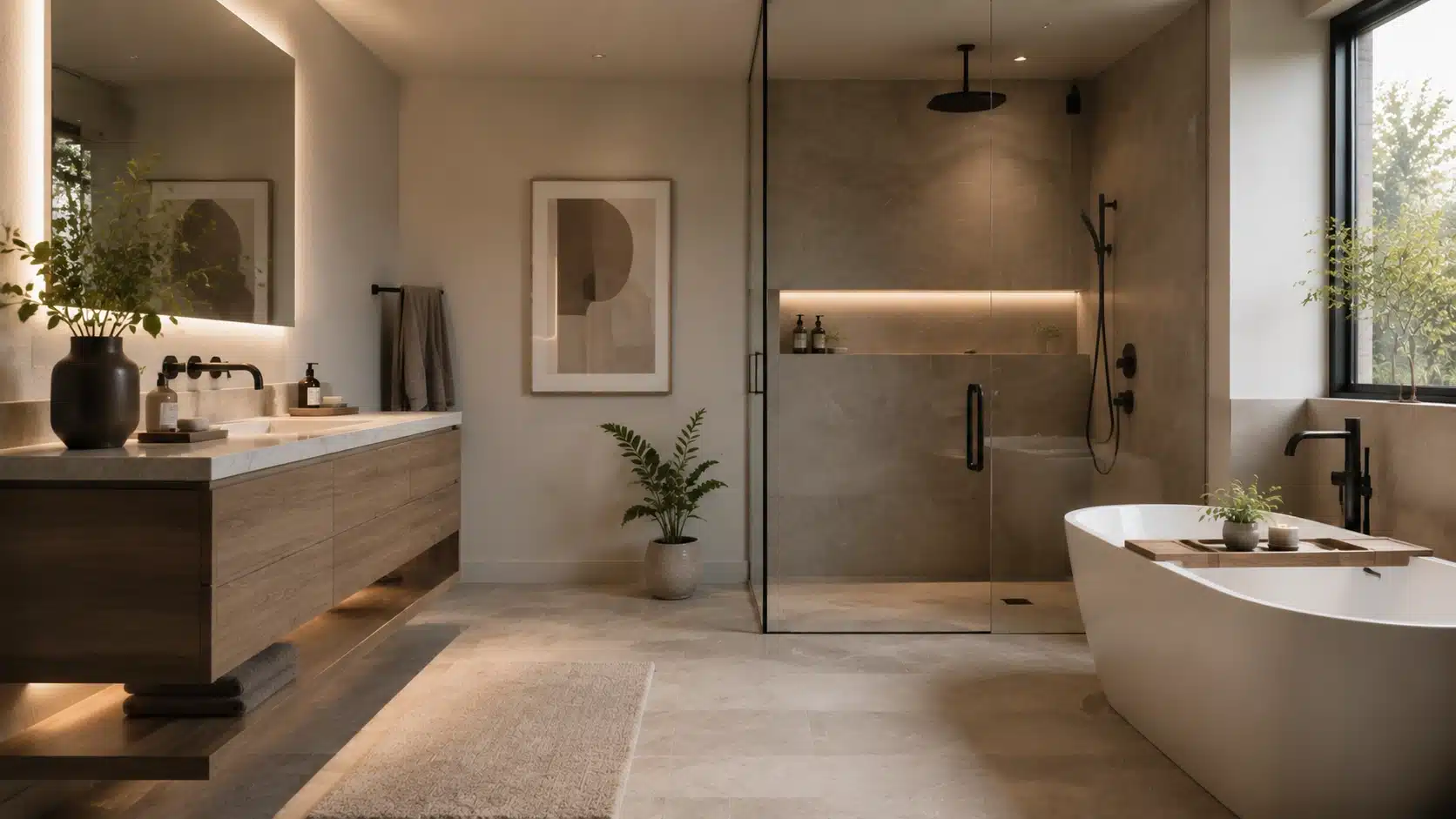 Contemporary bathroom with natural stone, floating vanity, glass shower, and warm minimalist design elements