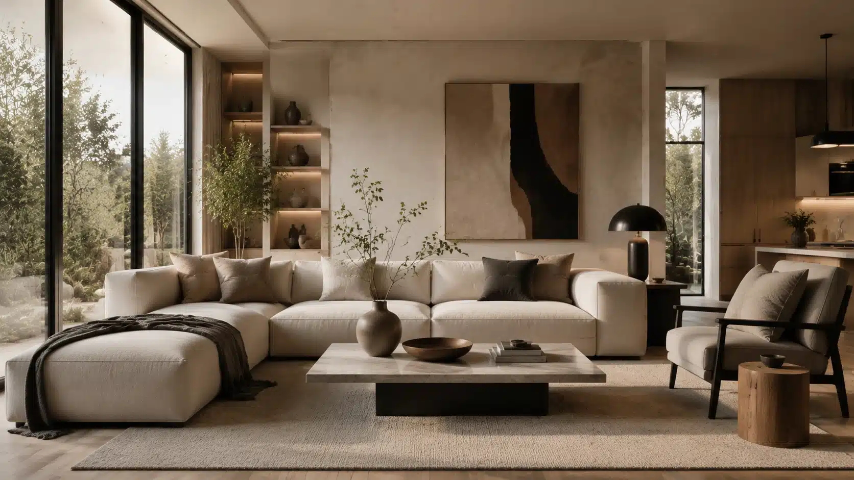Beautiful contemporary living room with neutral tones, clean lines, natural textures, and modern furnishings