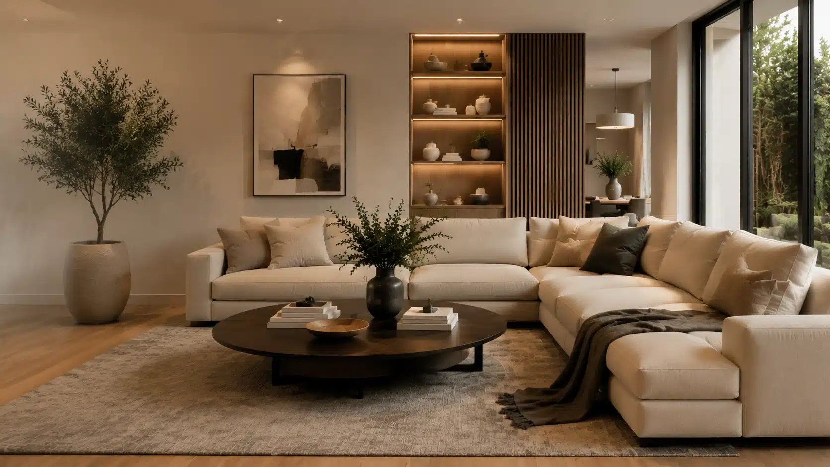 Contemporary living room with neutral furniture, natural textures, warm lighting, and minimalist modern decor