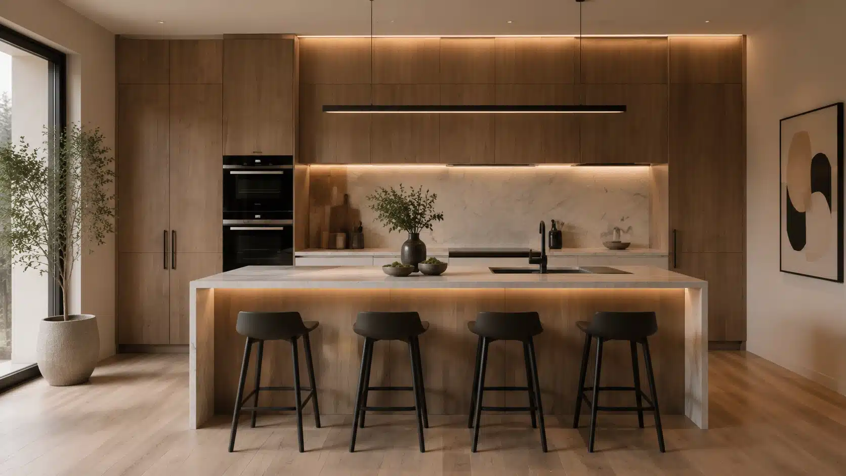 Contemporary kitchen with wood cabinets, marble island, and minimalist modern design elements