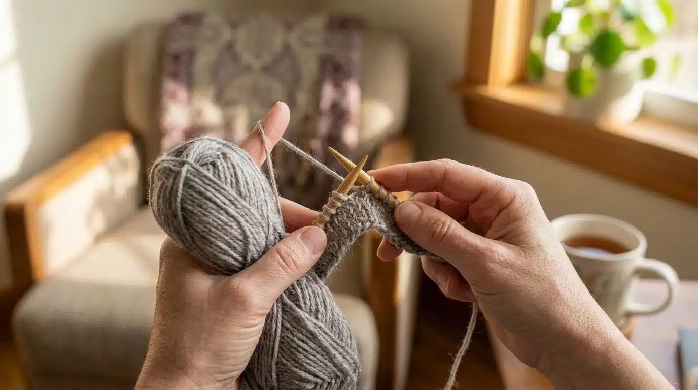 Knitter using a flexible circular needle for a small round project