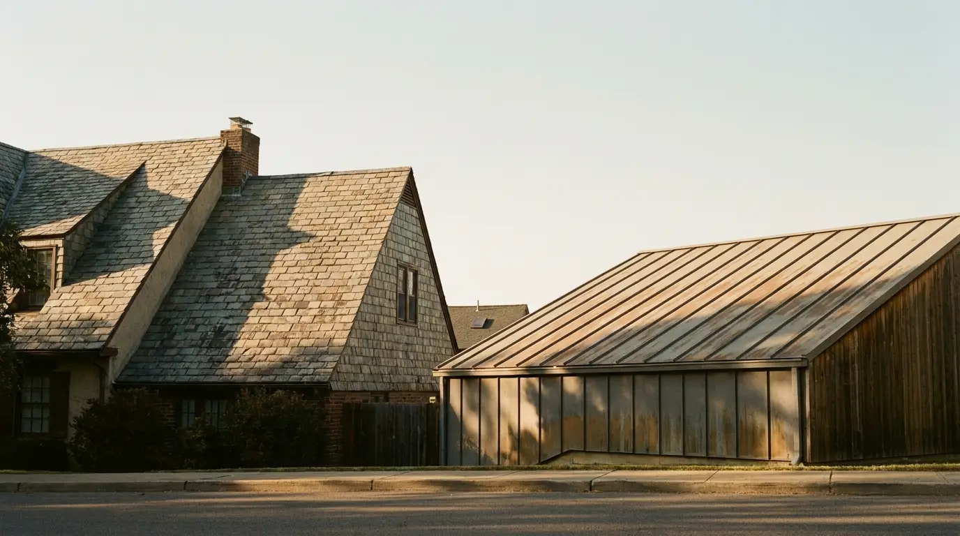 Rustic buildings with sloped roofs under soft sunlight in suburban setting