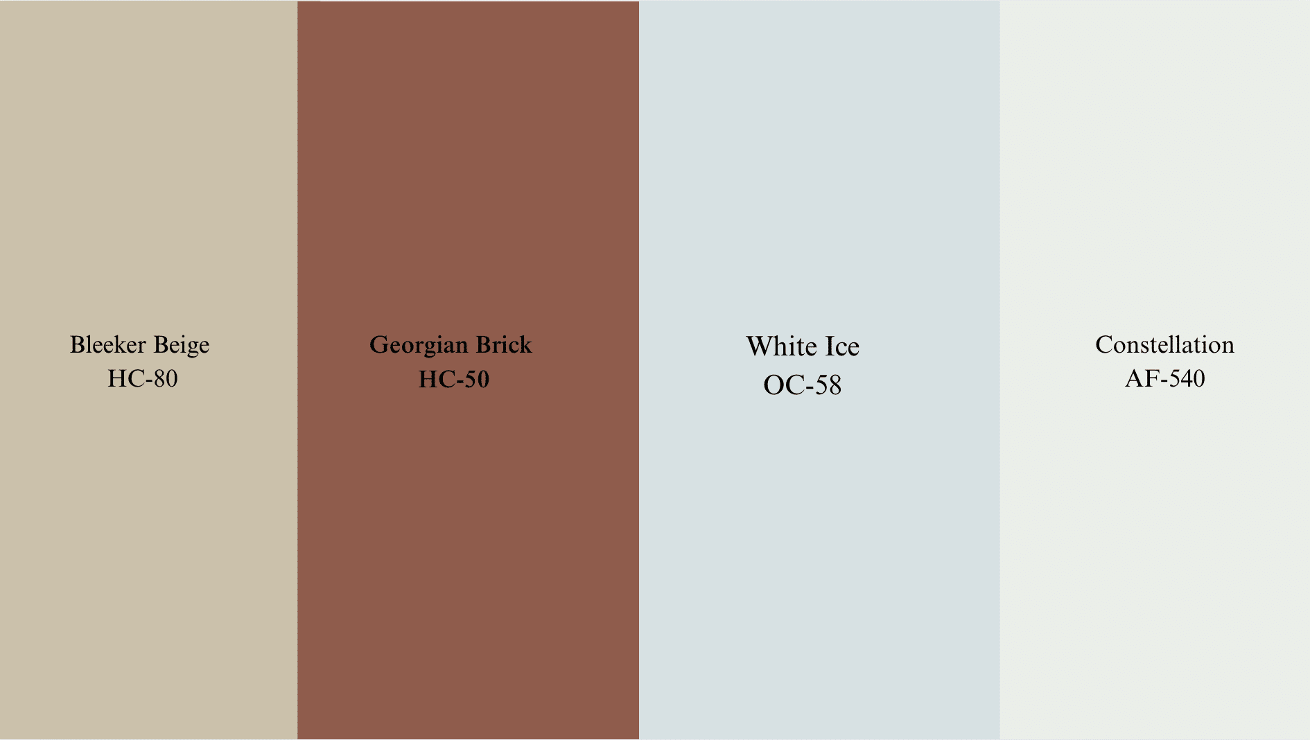 A color palette chart showing four vertical paint swatches: Bleeker Beige, Georgian Brick, White Ice, and Constellation.