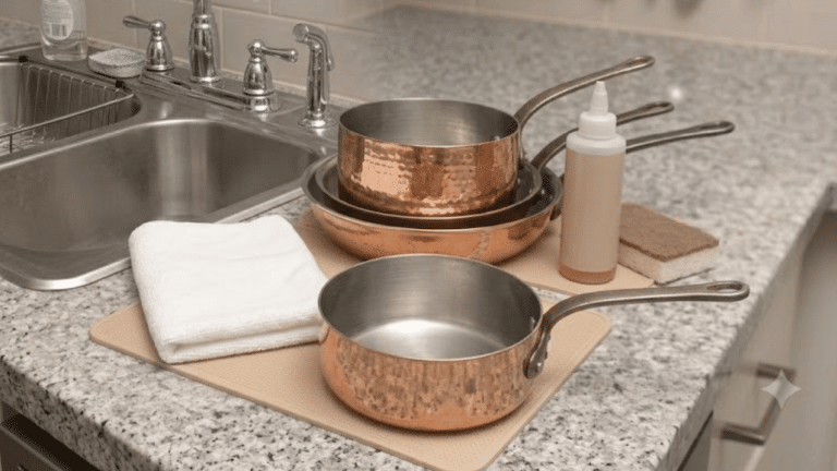 Copper pans, cleaning supplies, and towel arranged on a kitchen countertop