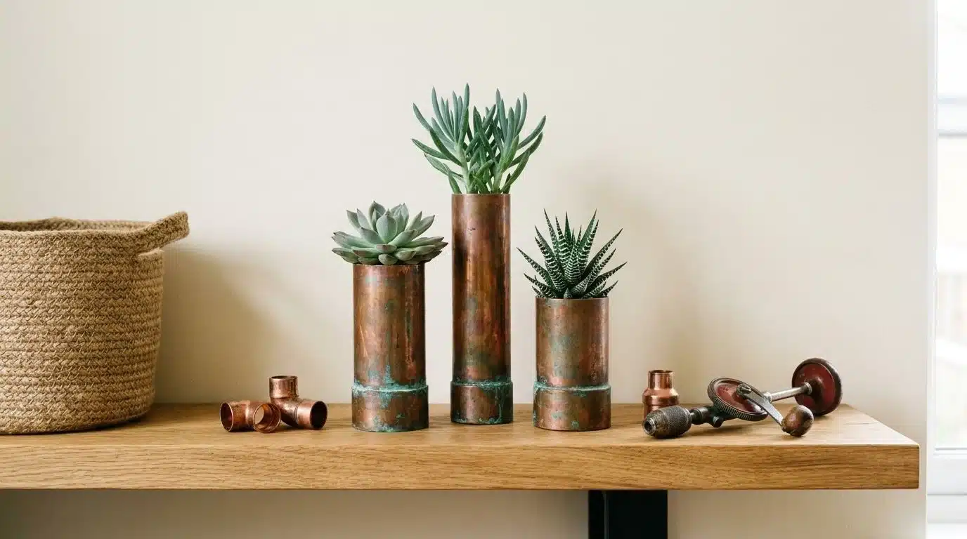 Copper pipe planters holding small succulents on a shelf