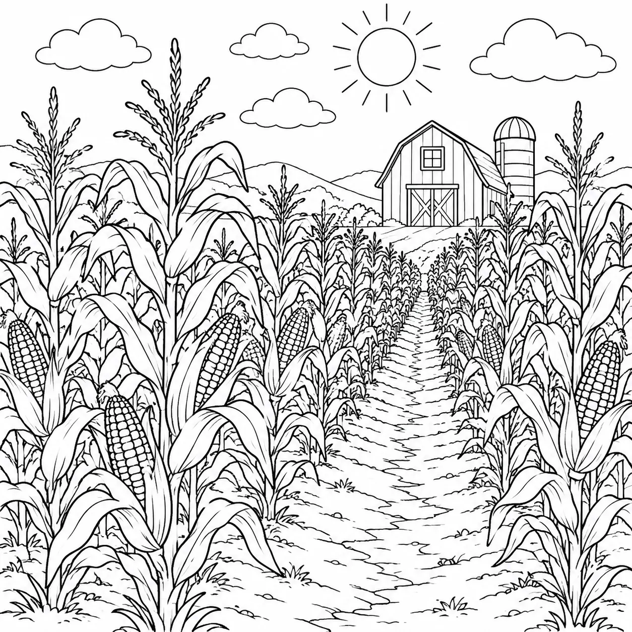 orn field coloring page with rows of tall stalks, barn, and harvest scenery for kids to color.