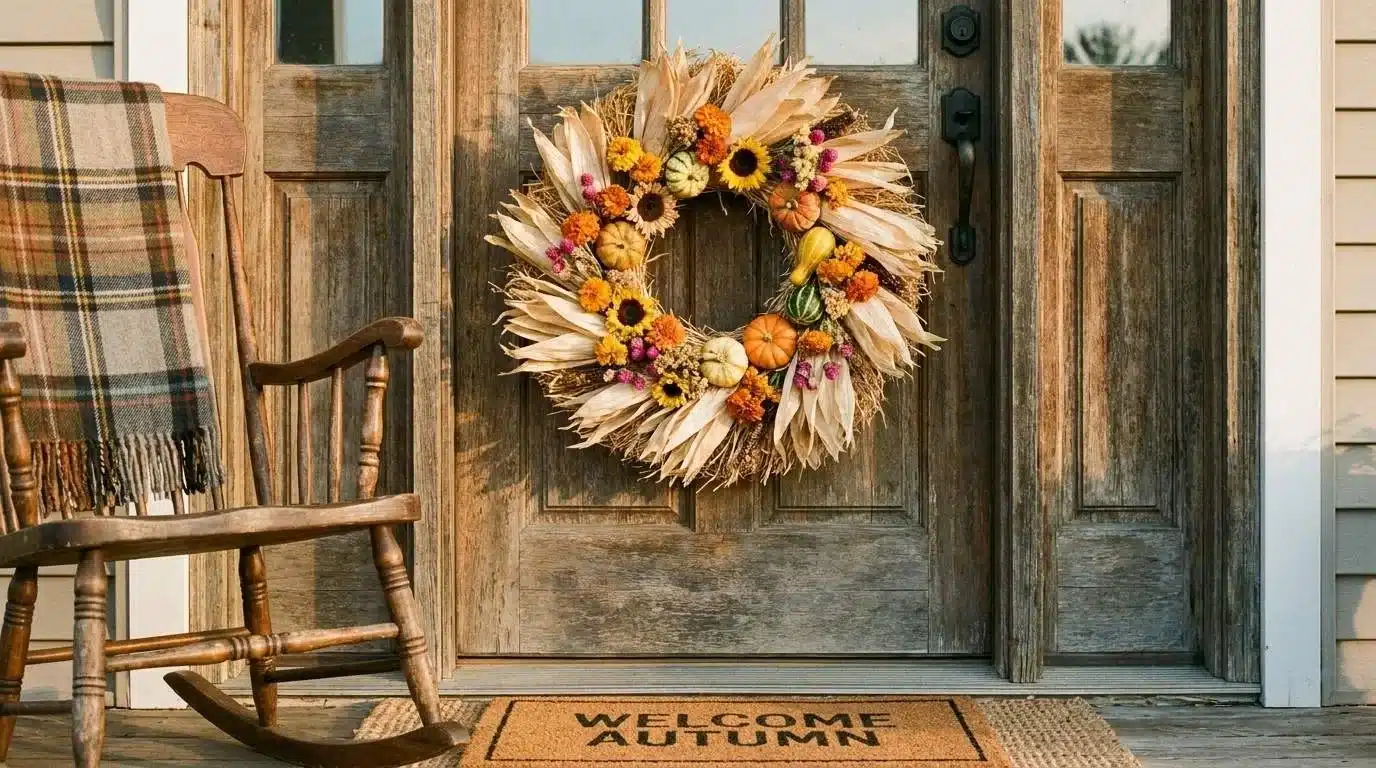 Front door with a corn husk and dried flower fall Halloween wreath
