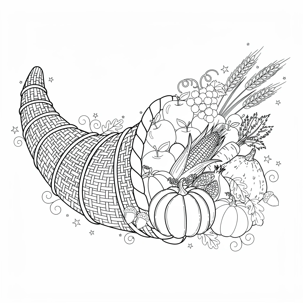 Cornucopia harvest coloring page showing a horn-shaped basket overflowing with fruits, vegetables, and grains for the harvest season