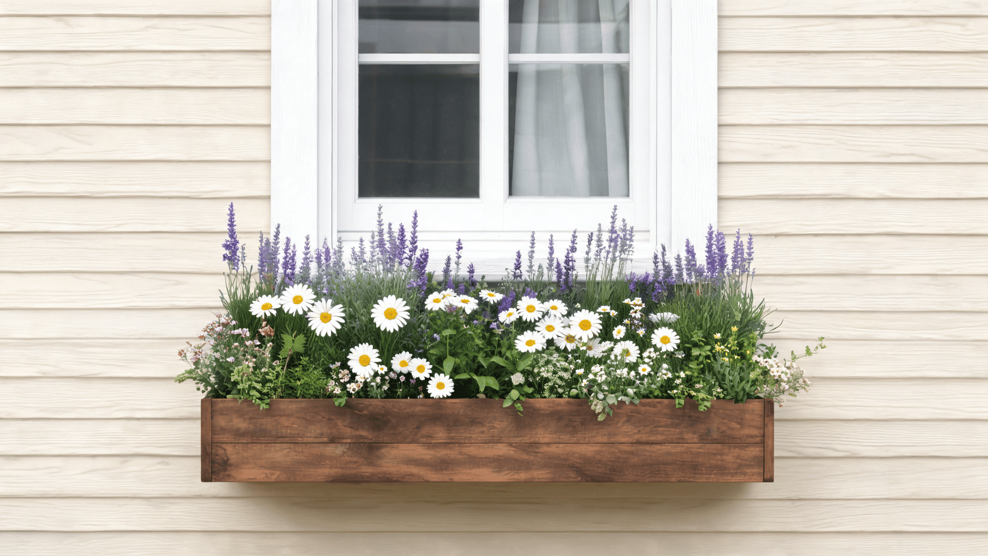 A rustic wooden window box planter filled with white daisies and tall purple lavender, mounted below a white-trimmed window.