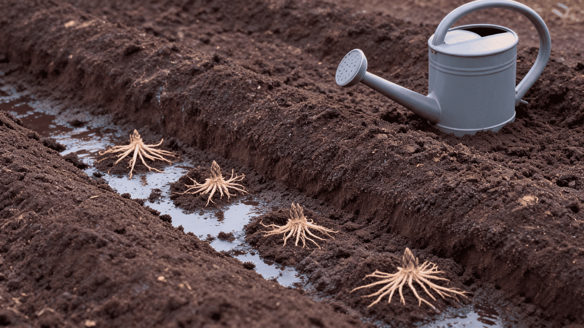 Asparagus crowns covered with soil in a trench as water settles into the planting bed