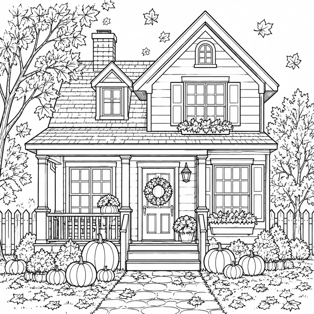 Cozy autumn house coloring page with pumpkins, wreath, leaves, and detailed fall decorations for children to color.