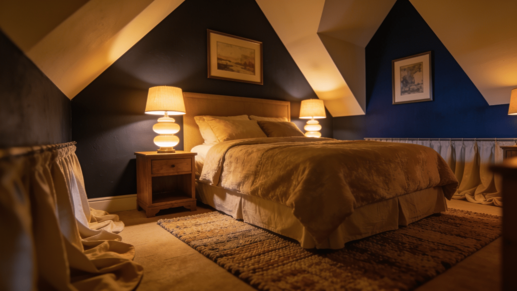 Bedroom with dark cathedral ceiling and warm lighting creating a cozy intimate interior space