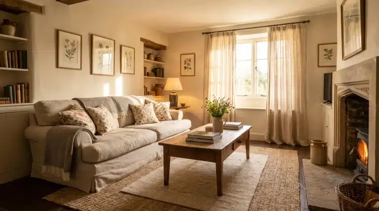 Cozy cottage living room with linen sofa, vintage decor, warm natural light, and timeless charm.