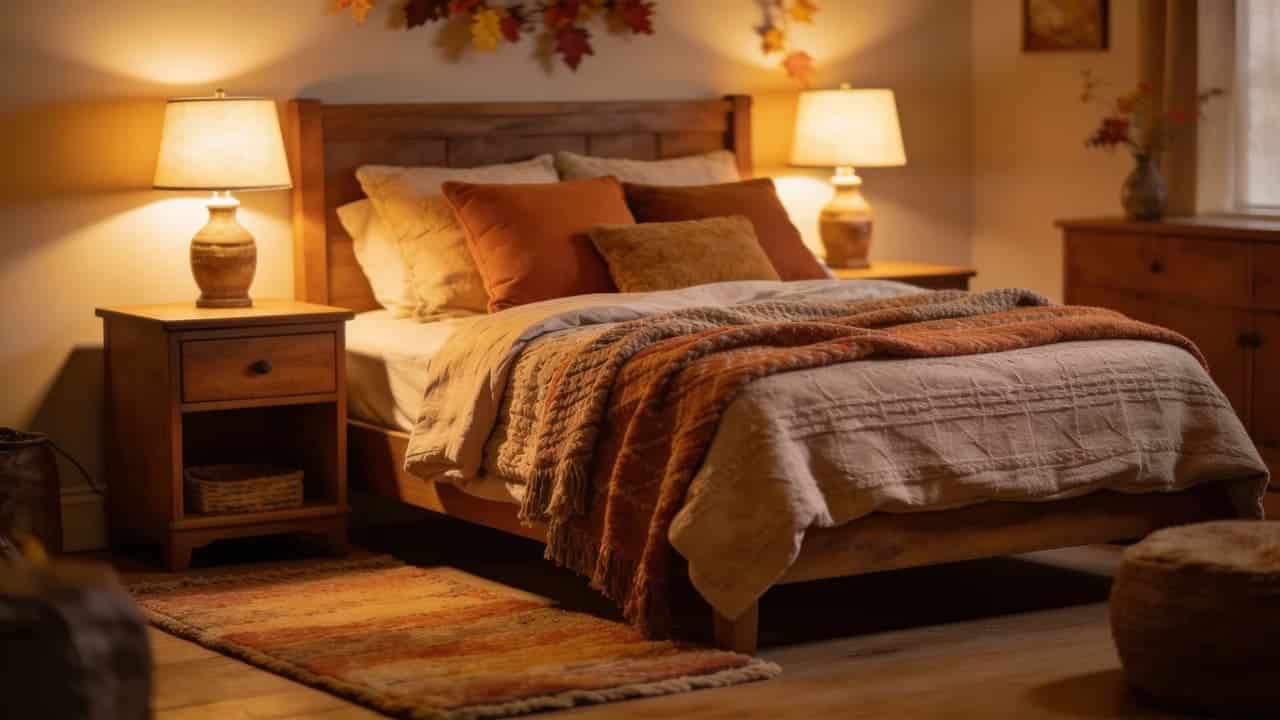 Cozy fall bedroom design with layered bedding and warm seasonal details.