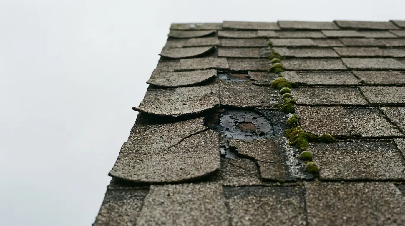 Weathered roof shingles with moss growth in close-up view against cloudy sky