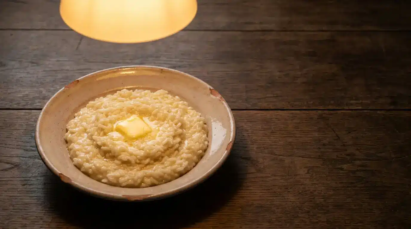 Creamy risotto with a pat of butter in a rustic ceramic bowl on wooden table