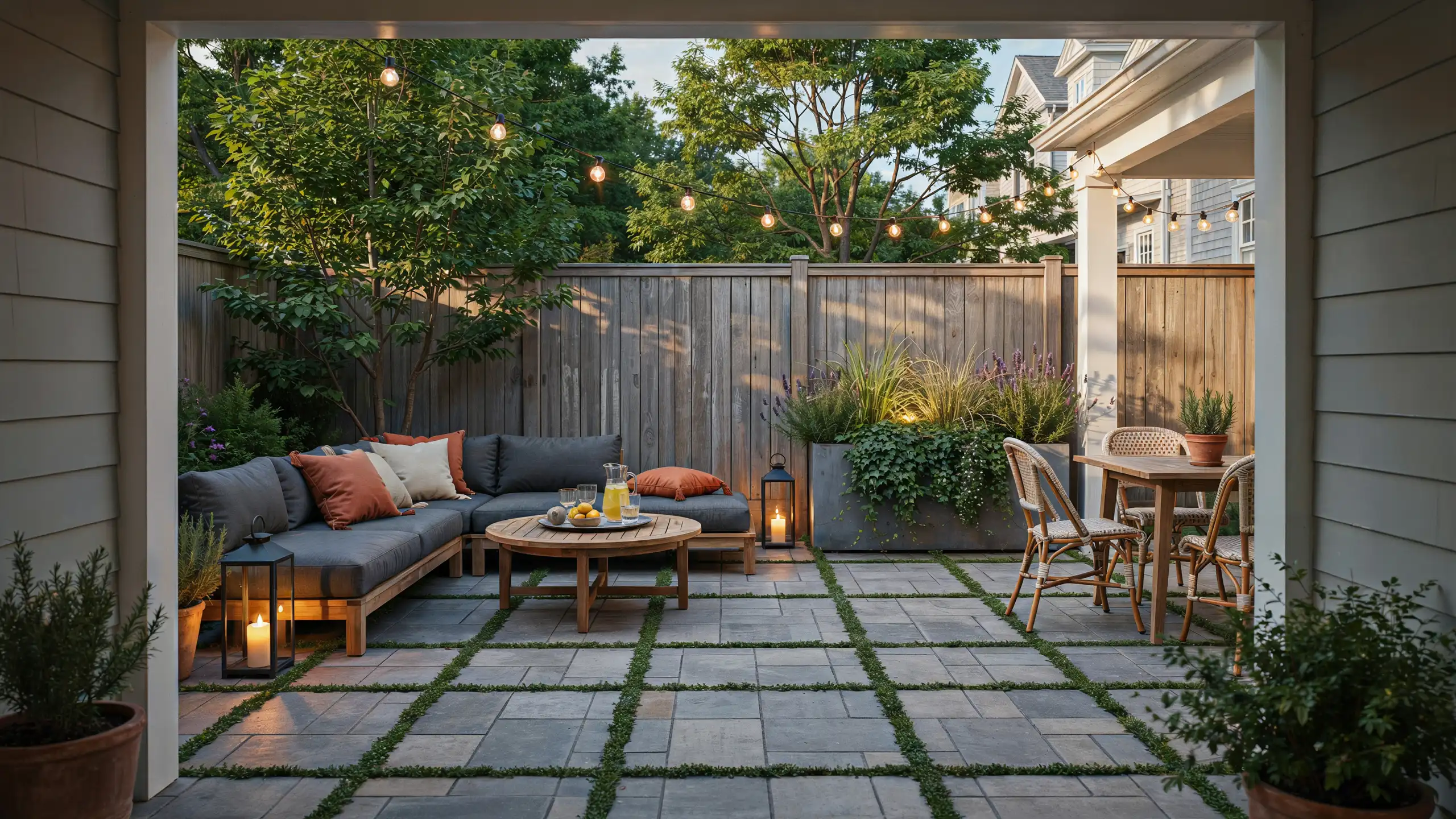 Small backyard entertainment space with seating, lighting, and areas for outdoor gatherings.
