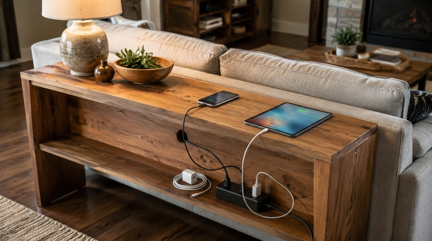 DIY sofa table with a built-in charging station, organized cables, and smartphone setup behind a modern couch for convenience.