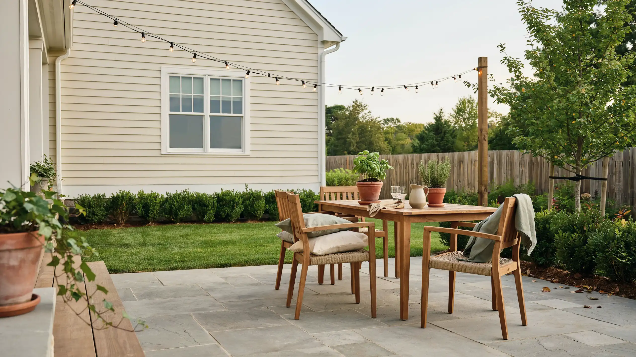Compact backyard dining area with outdoor table, chairs, cushions, and surrounding plants.
