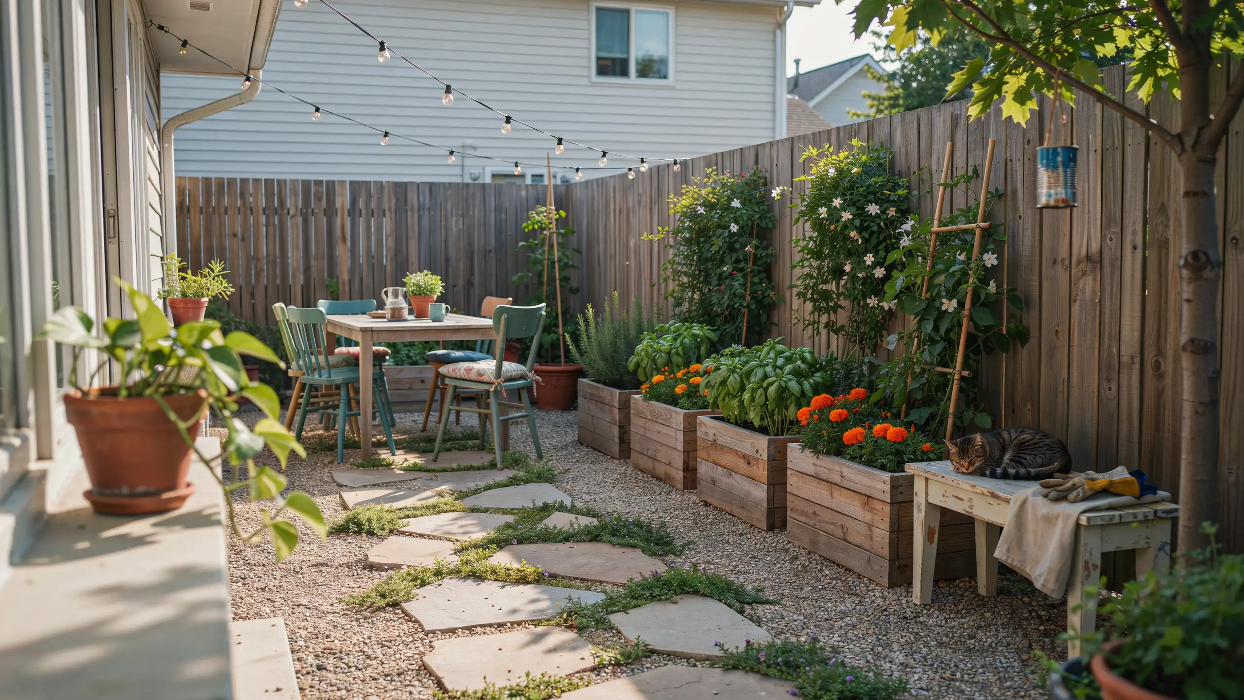 Backyard with handmade DIY planter boxes, garden features, and personalized outdoor décor.