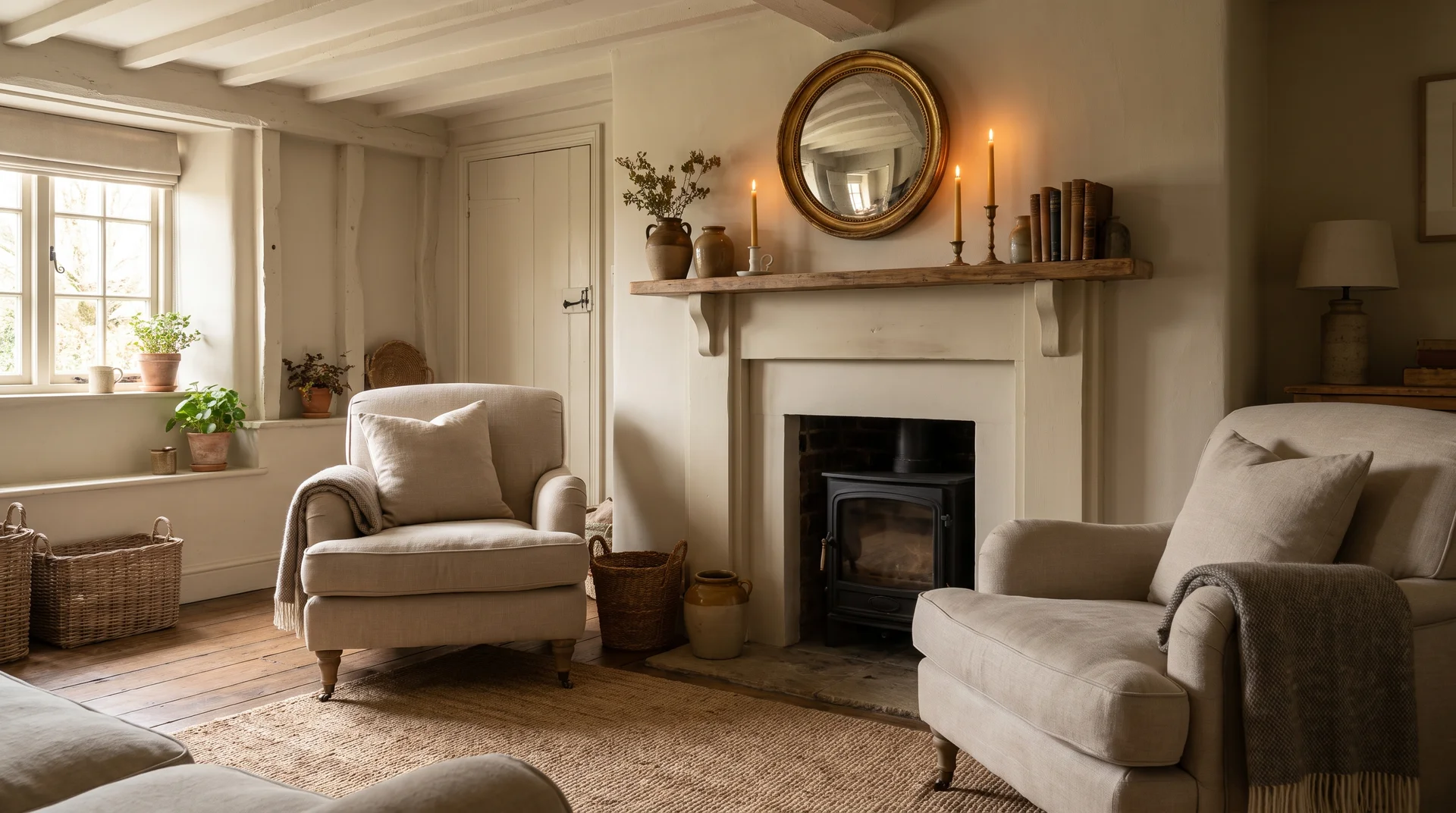 Cozy cottage living room with fireplace, candles, and vintage decor.