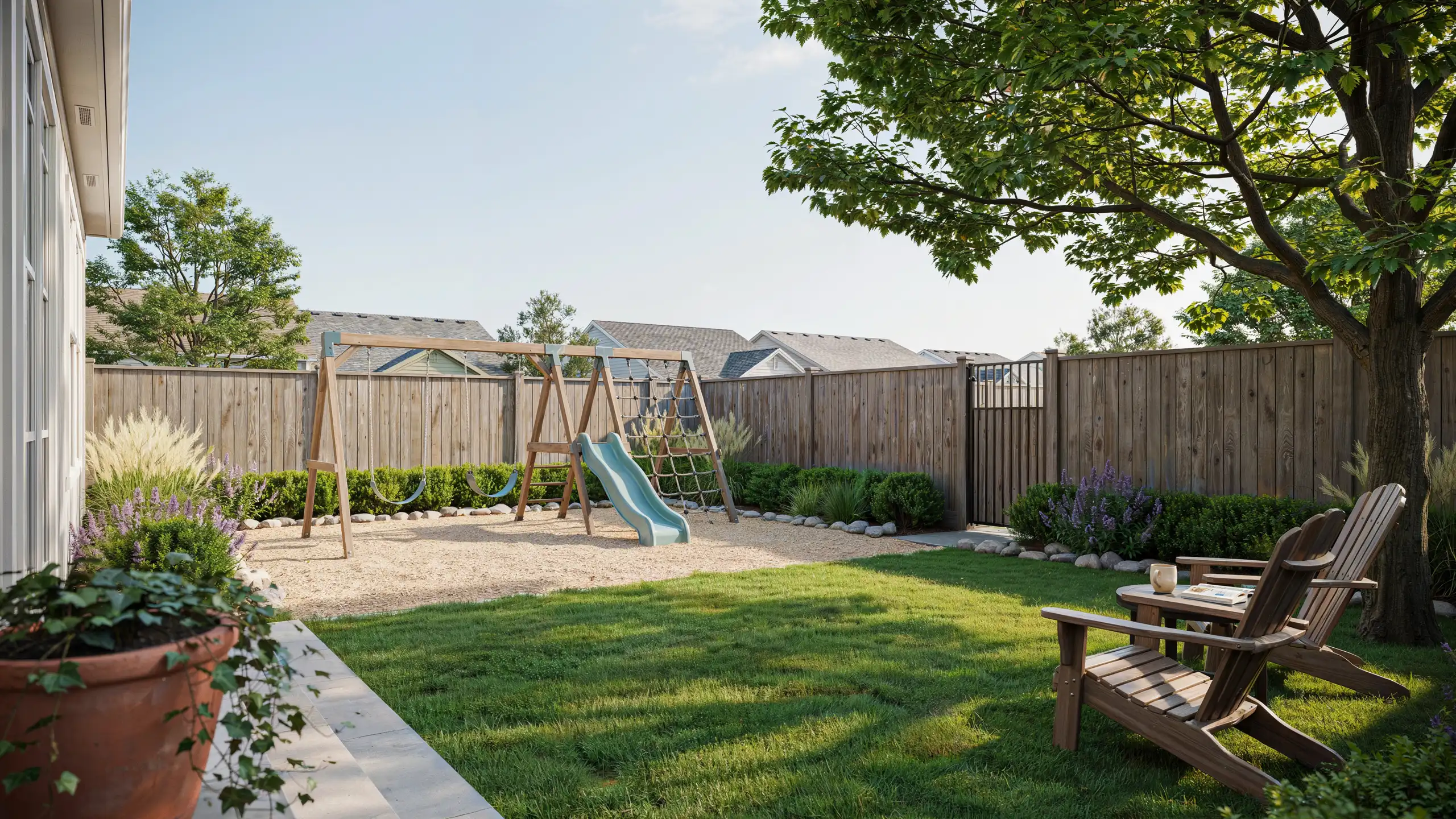 Small backyard play area with swing set, slide, safe ground covering, and outdoor space.