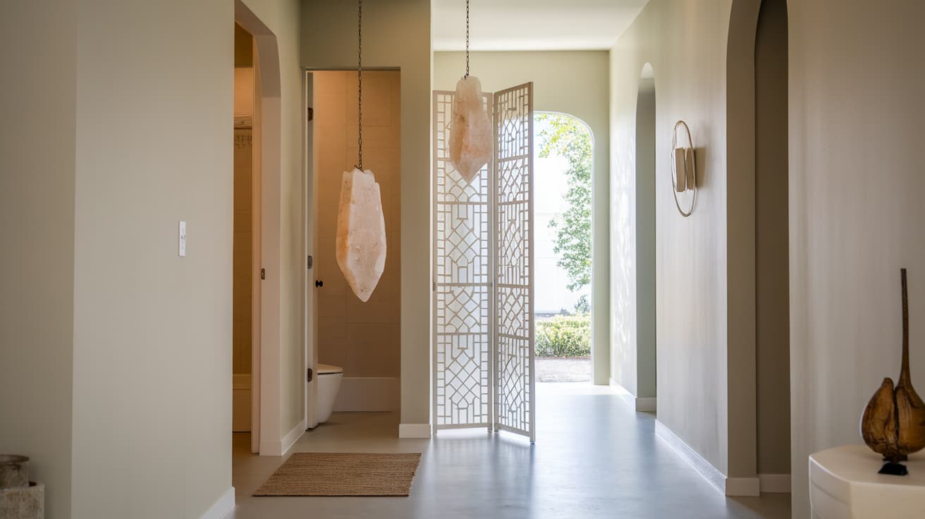 Minimalist home interior with an elegant folding screen acting as a privacy barrier.